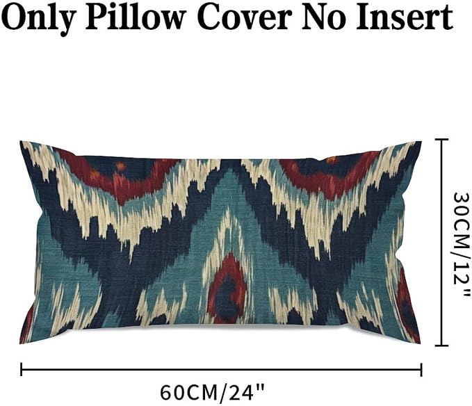 Zipped Pillow Cases for Home Decor Blue Green Red Cream Ikat Pattern Throw Pillow Cover Set of 2 Farmhouse Cushion Cover Cases for Living Room Club Home Decor 12x24in