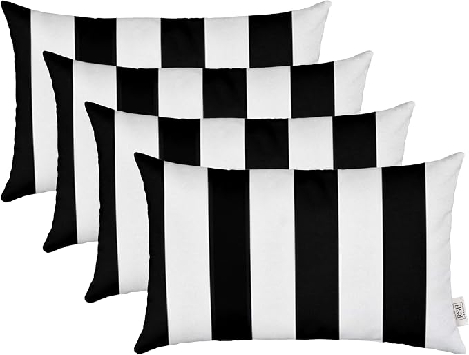 RSH DECOR: Lumbar Throw Pillows Set of 4 | 20” x 12" | All-Weather Spun Fabric | Water and Fade-Resistant | Outdoor Support Pillows for Patio Furniture | Black & White Stripe