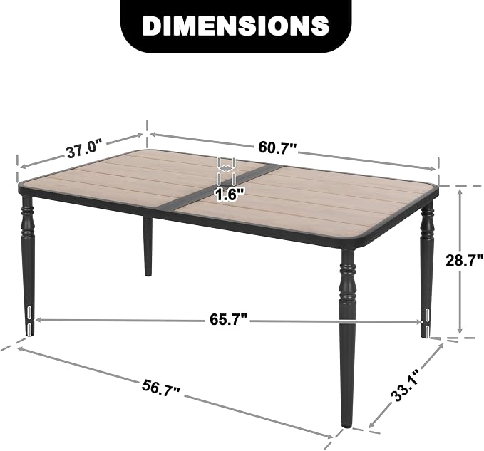 NUU GARDEN Patio Dining Table for 6, 61” x 37” Large Rectangle Metal Table with Wood-Grain Tabletop, Outdoor Table with 2.1” Umbrella Hole for Backyard, Lawn, Garden, Black