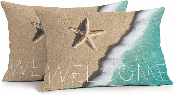 Summer Coastal Outdoor Throw Pillow Cover Ocean Starfish Shells on Beach Waterproof Cushion Covers 2 Pack Welcome Texts Pillow Cases Home Decoration for Patio Garden Couch Sofa 20x12In