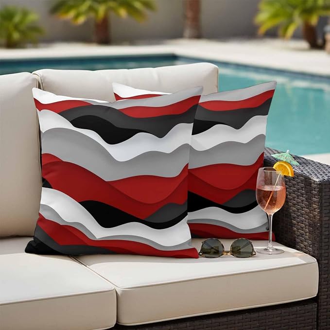 Ocean Waves Outdoor Waterproof Throw Pillow Covers Set of 2, 18"x18", Black Red Wave Gradient Decorative Pillow Covers Outside Cushion Case for Patio Porch Garden