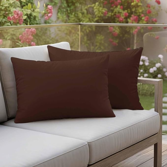 Lumbar Pillow Covers 12 x 20 Inches, Brown Pure Color Waterproof Throw Pillow Cover Set of 2, Aesthetics Contemporary Luxury Decorative Rectangle Cushion Covers for Patio/Couch/Garden