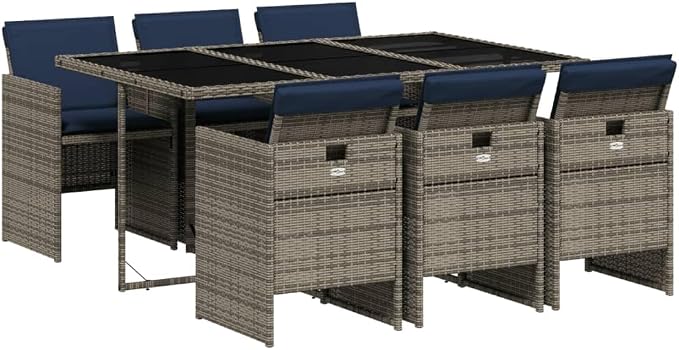 7 Piece Outdoor Patio Dining Set with Cushions Grey Poly Rattan Folding Chairs Tempered Glass Table for Garden Backyard Deck Entertaining 6 Seats