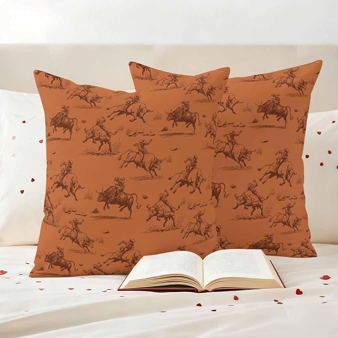 Western Cowboys Outdoor Pillow Covers Waterproof, All Weather Cushion Case Set of 2, Orange Vintage Country Nature Scenery Decorative Pillowcases for Sofa Couch Bed Decor Patio Furniture 16"x16"