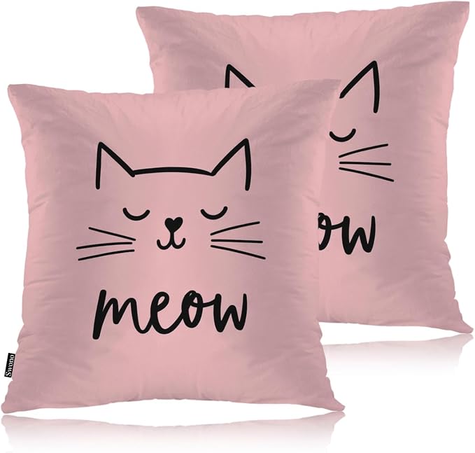 Swono Cat Throw Pillow Covers, Cute Kitten Cat Meow Set of 2 Pillow Cases Decorative 18 X 18 Inches, Soft Cushion Cover Pillowcases for Bedroom, Living Room, Cushion Sofa, Pink