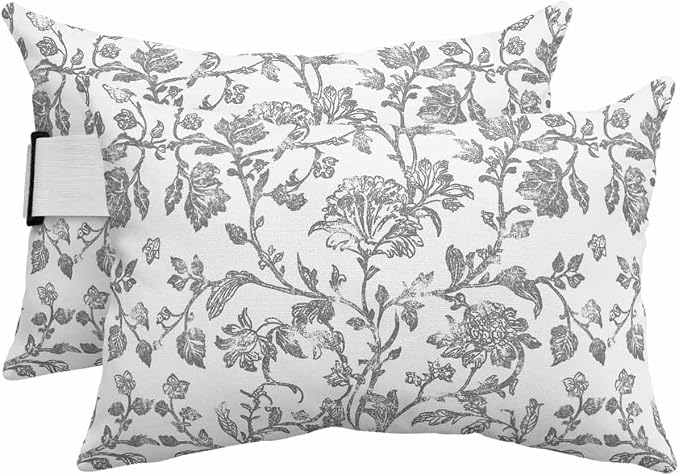 Pack of 2 Outdoor Lumbar Pillow Covers 12x20 Inch, Grey Flower Waterproof Throw Pillow Covers Set, Vintage Farmhouse Boho Leaf Spring Plant Indoor&Outdoor Cushion Cases for Patio Porch Beach