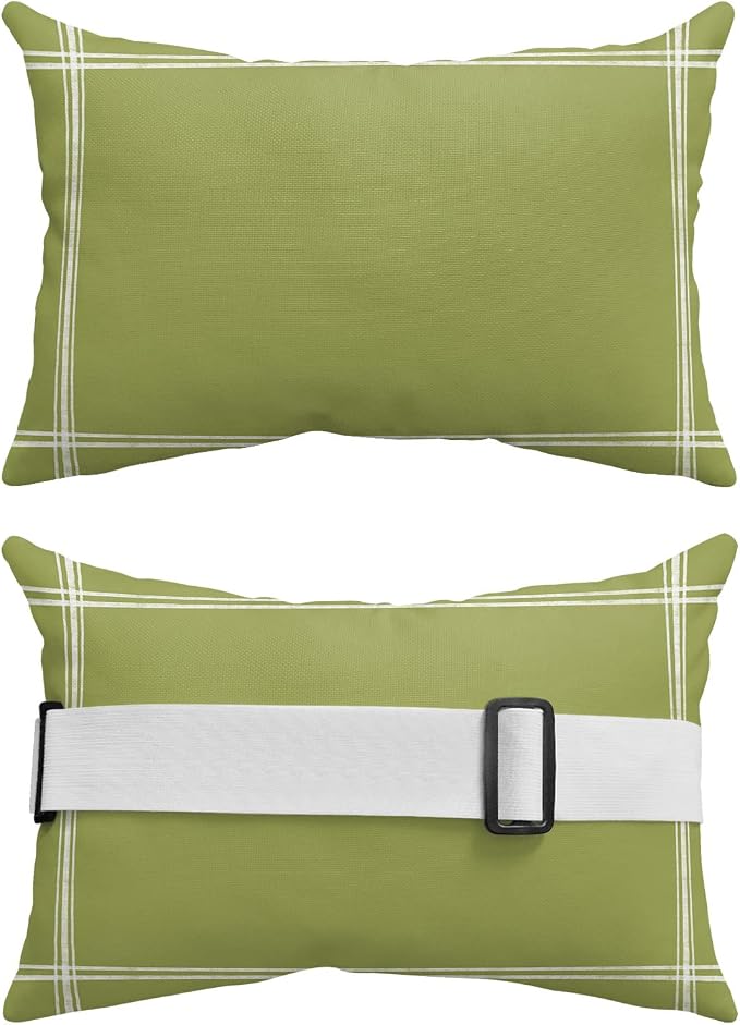 T&H XHome Outdoor Pillow for Chaise Lounge Chair, Solid Color Olive Waterproof Headrest Pillow Lumbar Pillows with Insert & Adjustable Elastic Strap for Beach, Poolside, Patio, Office (2 Pack)
