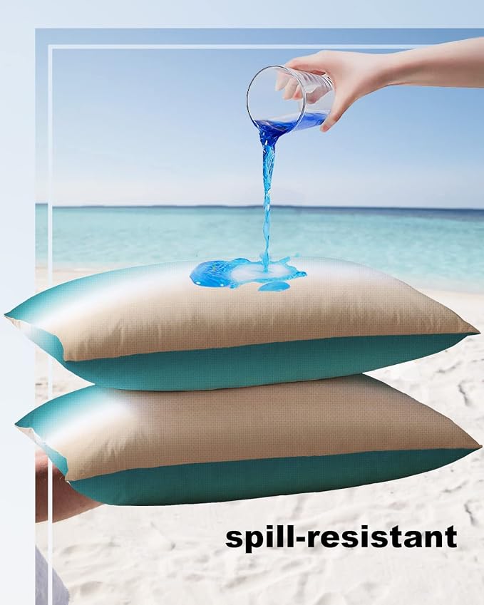 Outdoor Pillow Covers Waterproof Teal Beige Ombre Cream All Weather Cushion Case Set of 2, Modern Turquoise Abstract Art Aesthetics Lumbar Pillowcase for Sofa Couch Bed Decor Patio Furniture 20"x12"