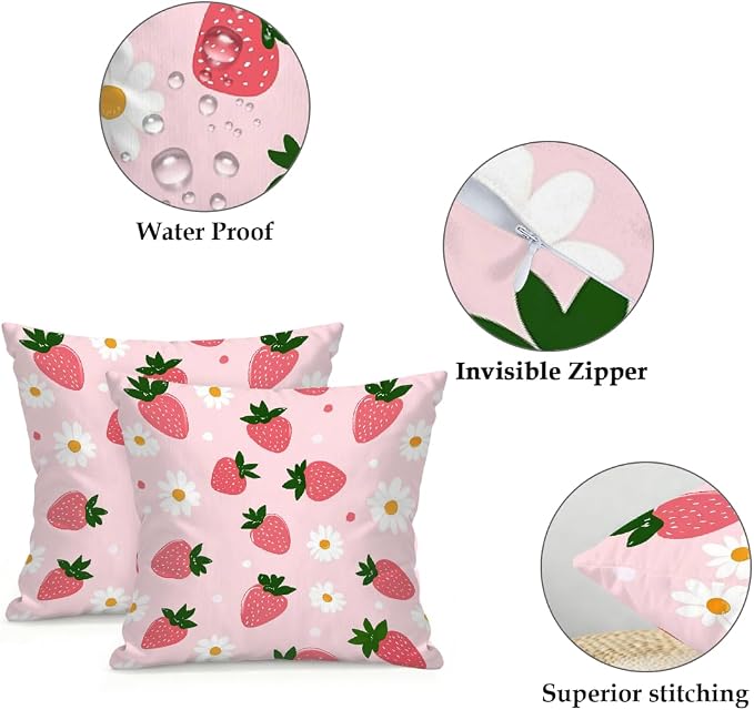 16x16 Inch Outdoor Pillow Covers Set of 2 Waterproof Throw Pillow Covers Decorative Couch Cushion Covers Pink Strawberries Daisy Square Pillowcases Protectors for Patio Garden Sofa