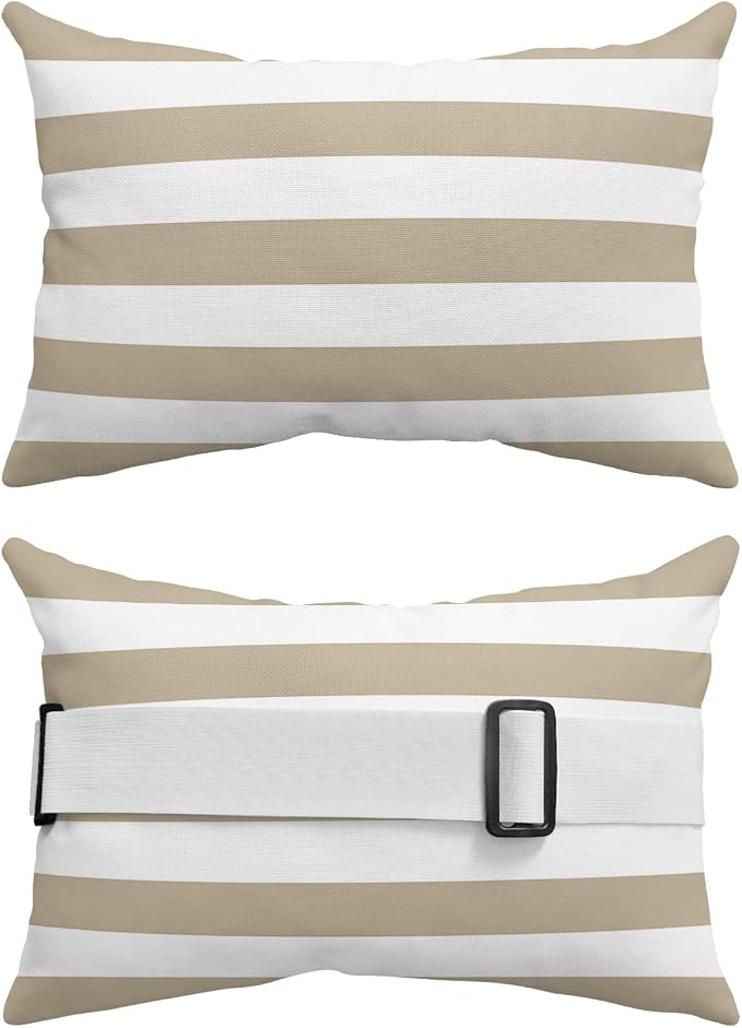 T&H XHome Outdoor Pillow for Chaise Lounge Chair, Khaki and White Stripe Waterproof Headrest Pillow Lumbar Pillows with Adjustable Elastic Strap for Beach, Poolside, Patio, Office (1 Pack)