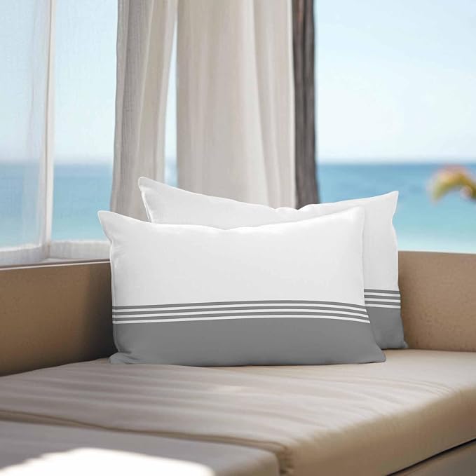 Lumbar Pillow Covers 20x12 Inch Set of 2, Grey White Striped Waterproof Outdoor Cushion Covers, Modern Abstract Art Aesthetics Decorative Pillowcases for Couch, Sofa, Bed, Garden, Patio