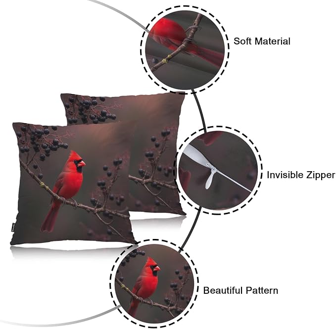Swono 18"X18" Throw Pillow Covers Red Cardinal, Winter Cardinal Bird Berry Tree Boho Pillowcase Cushion Covers for Couch Bed, Square Decorative Pillow Cover Home Sofa Bedroom Car, 2 Pcs