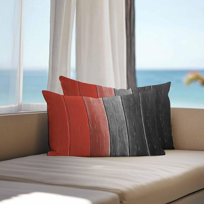 Lumbar Pillow Covers 20x12 Inch Set of 2, Red Black Ombre Waterproof Outdoor Cushion Covers, Vintage Farmhouse Wooden Decorative Pillowcases for Couch, Sofa, Bed, Garden, Patio