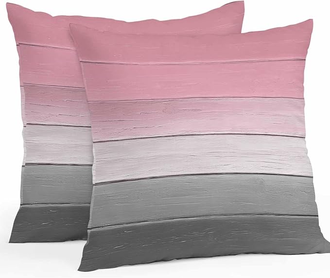 Pink Gray Outdoor Pillow Covers 18x18 Inch Throw Pillow Covers Set of 2 Waterproof Decorative Pillow Cases Vintage Country Gradient Wooden Plank Line Cushion Covers for Patio Furniture Garden Couch