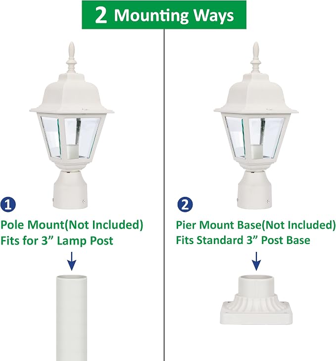 Outdoor Post Light, Rustproof Aluminum Pole Lamp, White | Exterior Lamp Post Light Fixture for Garden, Yard, Pathway, Waterproof, Glass, E26 Base, Max 60W