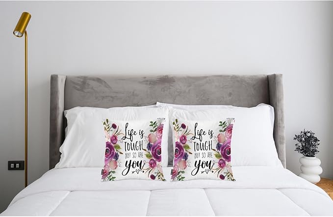 Swono Inspirational Quote Pack of 2 Decorative Throw Pillow Covers Cushion Covers, Life is Tough But So are You Couch Pillow Case Boho Cushion Pillowcase for Bedroom Sofa Living Room 18X18 Inch Rose
