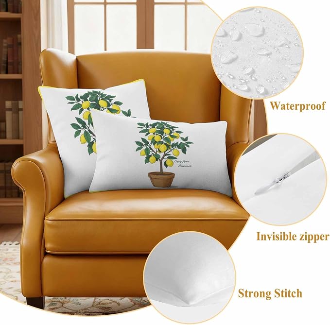 Summer Yellow Lemons Outdoor Waterproof Pillow Covers Set of 2, Green Leaf Botanical Garden Frame Pillowcase Decorative Throw Cushion Cases for Patio Garden Couch 16 x 16 Inches