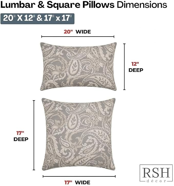 RSH DECOR: Lumbar & Square Pillows Set of 4 | 20" x 12" & 17" x 17" | Water & Fade-Resistant Performance Fabric | Outdoor Throw Pillows for Patio Furniture | Made in USA (Ayideal Fossil)