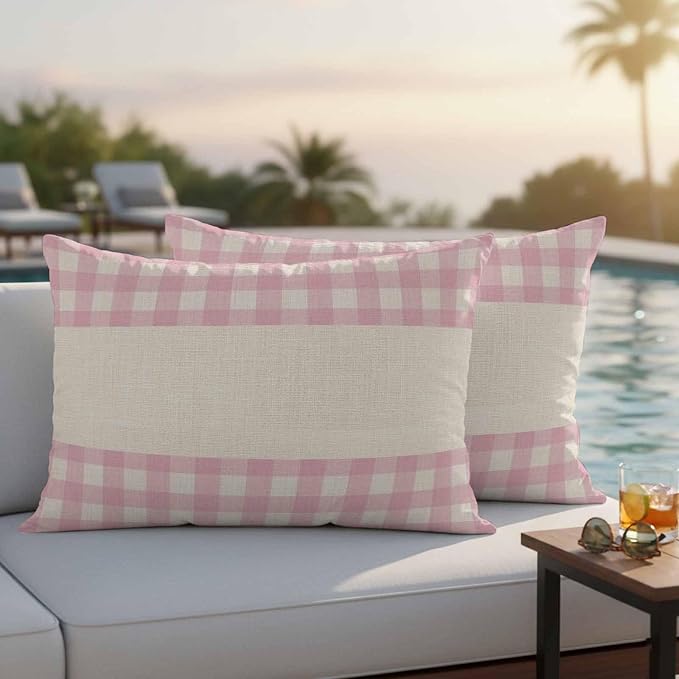 Retro Pink Outdoor Waterproof Pillow Covers, Farmhouse Buffalo Plaid Vintage Beige Decorative Rectangle Throw Pillowcase Sofa Cushion Sham for Patio/Couch/Chair, 20"x12" 2 Pack