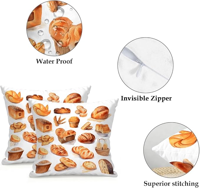 16x16 Inch Outdoor Pillow Covers Set of 2 Waterproof Throw Pillow Covers Decorative Couch Cushion Covers Bread Food Pattern Square Pillowcases Protectors for Patio Garden Sofa