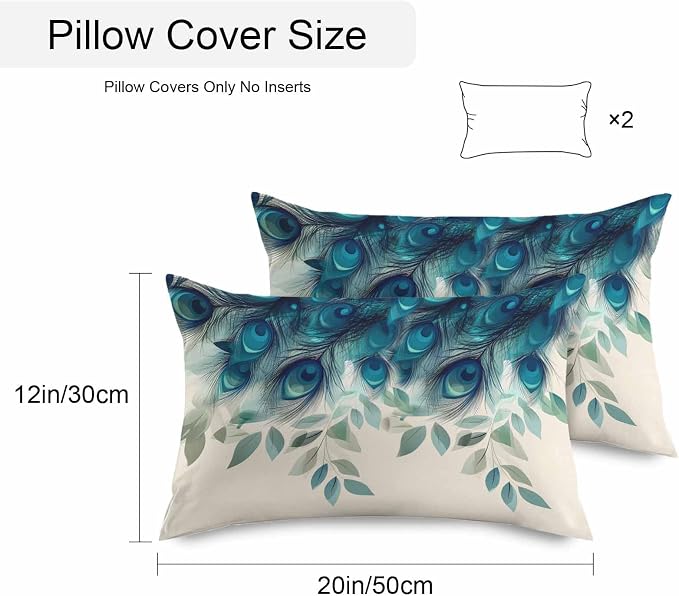 Teal Turquoise Outdoor Pillow Covers 20x12 Inch Lumbar Pillow Covers Set of 2 Waterproof Decorative Throw Pillow Cases Peacock Feathers Aesthetics Eucalyptus Cushion Covers for Patio Furniture Garden