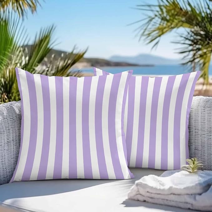 Purple Striped Outdoor Waterproof Throw Pillow Covers 26x26 Set of 2, Modern Farmhouse Purple White Stripes Decorative Pillowcases Cushion Pillowcase for Couch Sofa Patio Outside Pillow Protector