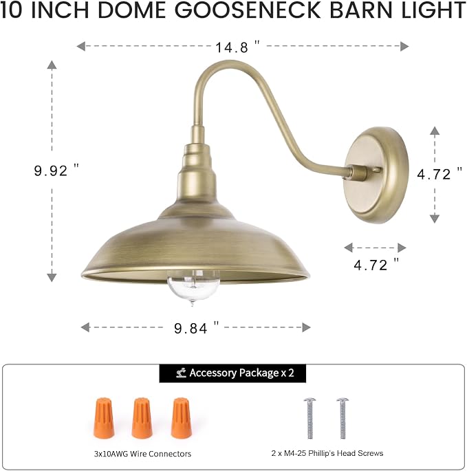 Brass Outdoor Gooseneck Light, 10'' Diameter Gooseneck Barn Wall Sconce for Porch, Exterior Waterproof Farmhouse Light Fixture with Wall Mount, 2 Pack, LM2201-GL-2P