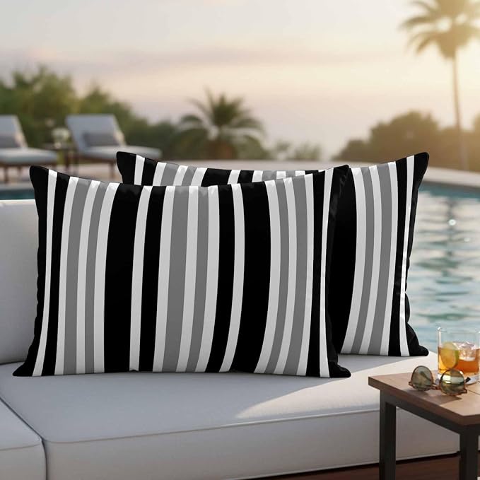 Black Grey Stripe Outdoor Pillow Covers 20x12 Inch Lumbar Pillow Covers Set of 2 Waterproof Decorative Throw Pillow Cases Farmhouse Minimalist Striped Cushion Covers for Patio Furniture Garden Couch