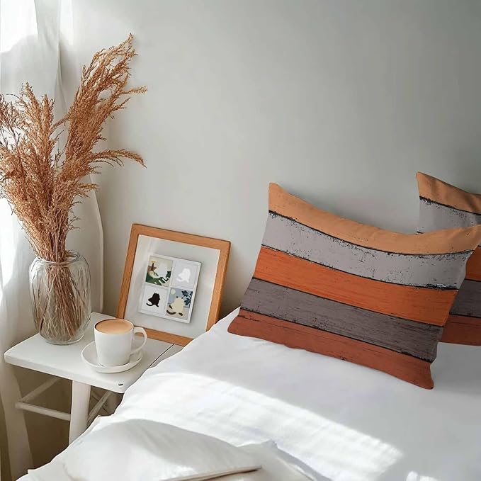 Outdoor Throw Pillow Covers 12X20 Set of 2 Waterproof Ombre Burnt Orange Gray Decorative Zippered Cushion Covers for Patio Furniture, Farmhouse Retro Rustic Barn Wood Texture Lumbar Pillowcases