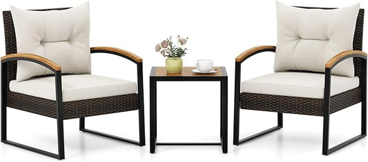 HAPPYGRILL 3 Pieces Patio Wicker Conversation Set with Acacia Wood Table, Outdoor PE Rattan Furniture Set for Poolside Backyard Lawn Garden