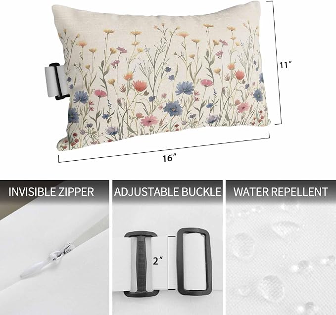 Outdoor Pillow for Chaise Lounge Chair Garden Watercolor Flower on Burlap Headrest Pillow with Adjustable Strap Set of 1,11x16 inch, Blossom Floral Botanical Leaves Head Pillows for Patio Pool