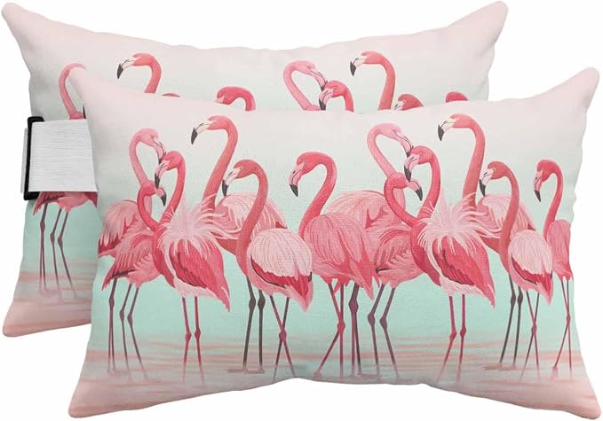 Pack of 2 Outdoor Lumbar Pillow Covers 11x16 Inch, Pink Flamingo Waterproof Throw Pillow Covers Set, Summer Tropical Flamingo Hawaii Animals Indoor&Outdoor Cushion Cases for Patio Porch Beach