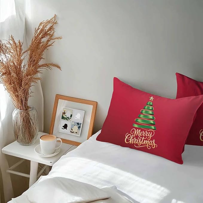 Red Christmas Tree Lumbar Pillow Covers 12 x 20 Inches, Green Xmas Tree with Star Waterproof Throw Pillow Cover Set of 2, Christmas Red Decorative Rectangle Cushion Covers for Patio/Couch