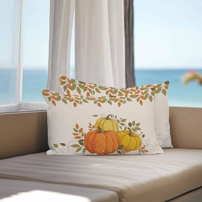 Orange Pumpkins Outdoor Waterproof Pillow Covers, Fall Yellow Leaves Vintage Beige Rustic Decorative Rectangle Throw Pillowcase Sofa Cushion Sham for Patio/Couch/Chair, 20"x12" 2 Pack