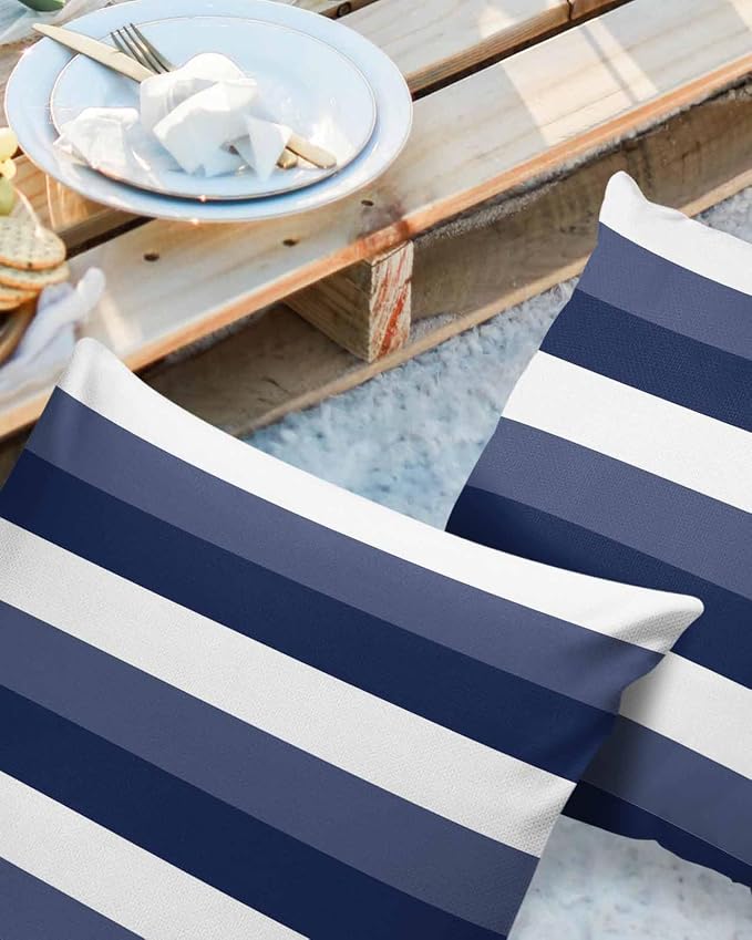 Pack of 2 Navy Blue Stripes Outdoor Pillow Waterproof Covers 26x26 inch, Geometric Pattern Polyester Throw Pillow Covers Garden Cushion Decorative Case for Patio Couch Decoration