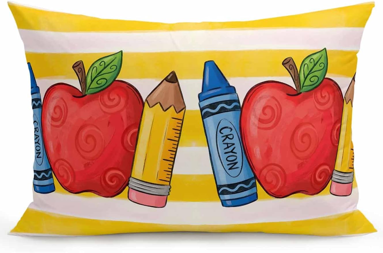 1 Pack Outdoor Throw Pillow, Children's Day Waterproof Pillow with Insert Included, Funny Cartoon Pencil Yellow Striped Decorative Accent Cushion Lumbar Pillows for Patio Porch, 12 x 20 in