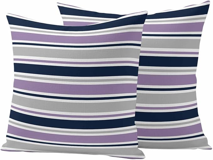Outdoor Pillow Covers 16 x 16 Inches, Purple Grey Striped Waterproof Throw Pillow Cover Set of 2, Farmhouse Stripes Modern Abstract Art Decorative Square Cushion Covers for Patio/Couch/Garden