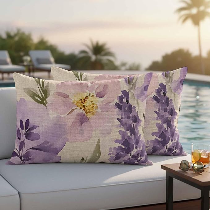 Spring Flowers Outdoor Waterproof Throw Pillow Covers Set of 2, 20"x12", Lavender Leaf Purple Floral Vintage Decorative Pillow Covers Outside Cushion Case for Patio Porch Garden