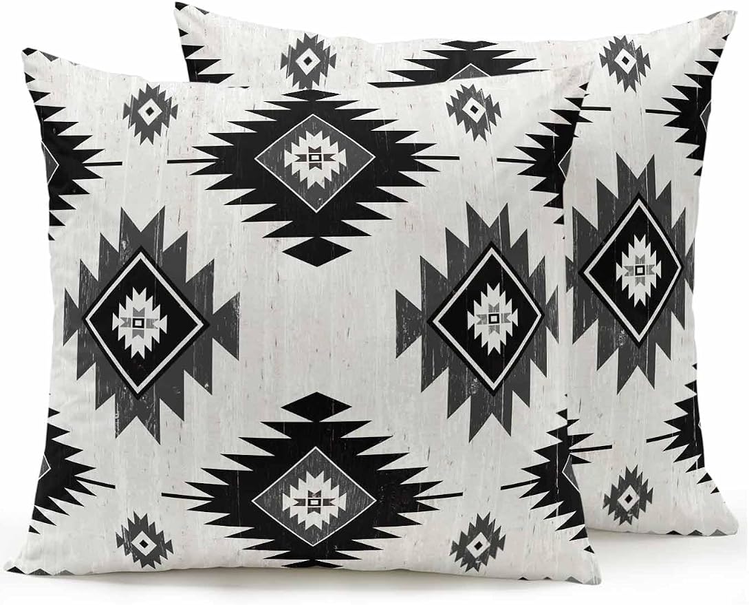 Waterproof Outdoor Pillow Set of 2 Gray Boho Aztec Decorative Throw Pillows Cover & Insert 18x18 Inch Pillowcase Southwest Tribal Style Square Pillows for Couch Sofa Bed Patio Furniture Indoor Outdoor