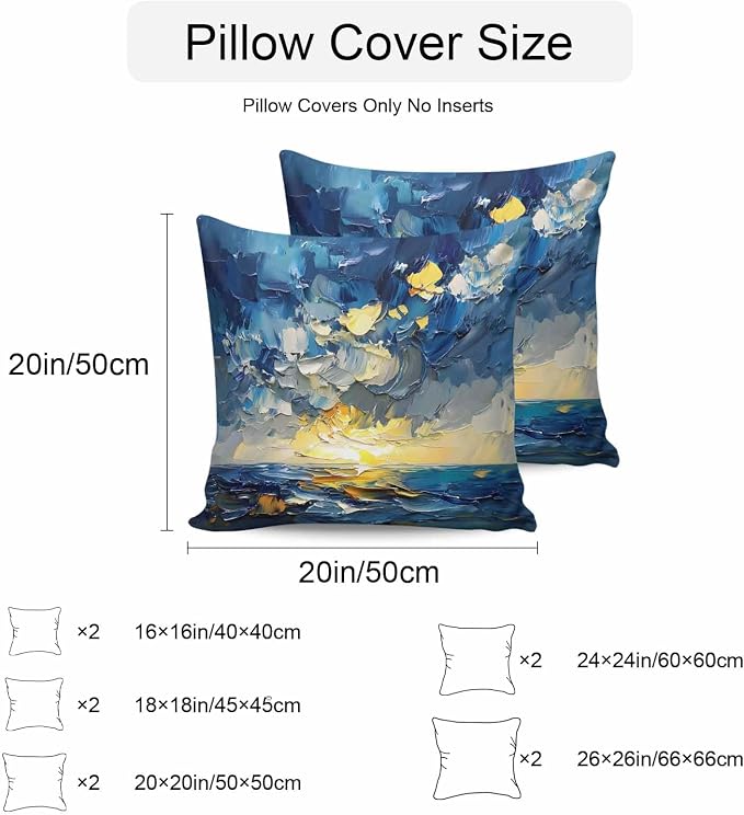 Modern Abstract Waterproof Outdoor Pillow Covers Set of 2 Home Decor, Blue Yellow Abstract Ombre Oil Painting Pillowcase Patio Pillow Covers for Couch Bench Furniture Garden 26x26in