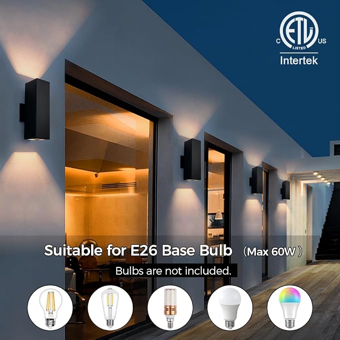 13" Black Square Outdoor Light Fixture,Up and Down Lights Outdoor | E26 Base,ETL listed,Aluminum Modern Outdoor Wall Lights Porch Light Exterior Lighting Fixtures for House Garage Patio Garden