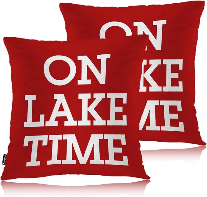 Swono Set of 2 On Lake Time Pillow Covers 18 X 18 Inch, Funny Lake Quote Square Decorative Throw Pillow Covers for Sofa Couch Bed,Outdoor Indoor Pillowcase Cushion Cover, Red White