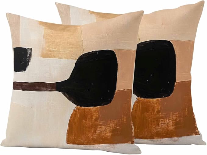 Beige Black Outdoor Waterproof Throw Pillow Covers Set of 2, 24"x24", Brown Abstract Art Graffiti Color Block Modern Decorative Pillow Covers Outside Cushion Case for Patio Porch Garden