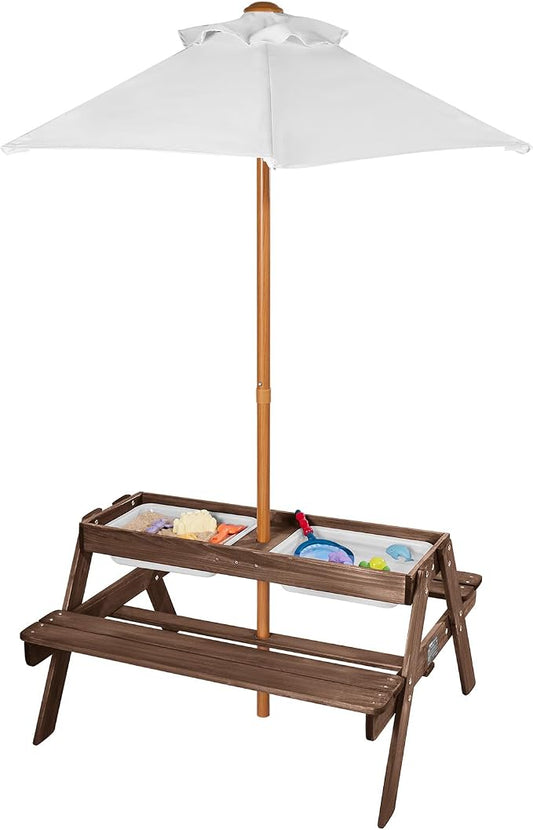 VEVOR Kids Picnic Table with Umbrella, 3-in-1 Sand & Water Table, Outdoor Wooden Table and Bench Set with 2 Trays, 4-People Patio Dining Furniture for Garden, Backyard and Porch (Walnut)
