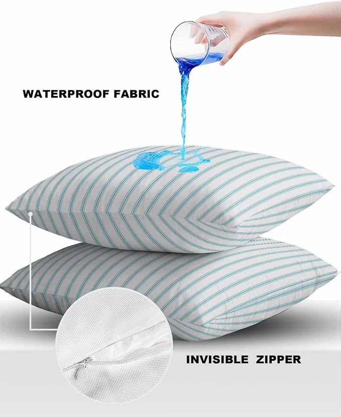 Outdoor Waterproof Throw Pillow Covers Set of 2 Teal Stripes Pillowcases 18x18 Inches Simple Style Patio Decorative Pillows Cushion Case Patio Pillows for Couch Bed Chair Garden