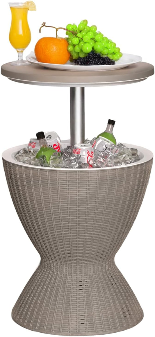Outdoor Cool Bar Table 8 Gallon Portable Cooler Side Table,3-in-1 Cocktail Coffee Table Rattan Style,Sturdy, Waterproof & UV Resistant,Easy to Assemble & Clean for Indoor & Outdoor Use(Grey)