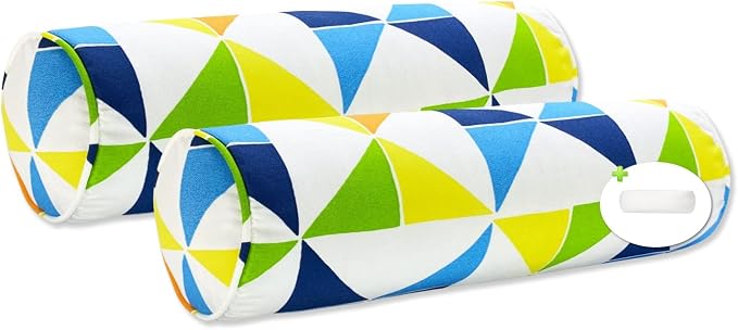 Pack of 2 Outdoor Waterproof Decorative Bolster Pillows with Inserts for Patio Furniture, 20x6 Inch Fade Resistant Patio Garden Bolster Cushions for Couch Bed Sofa, Triangular Multi