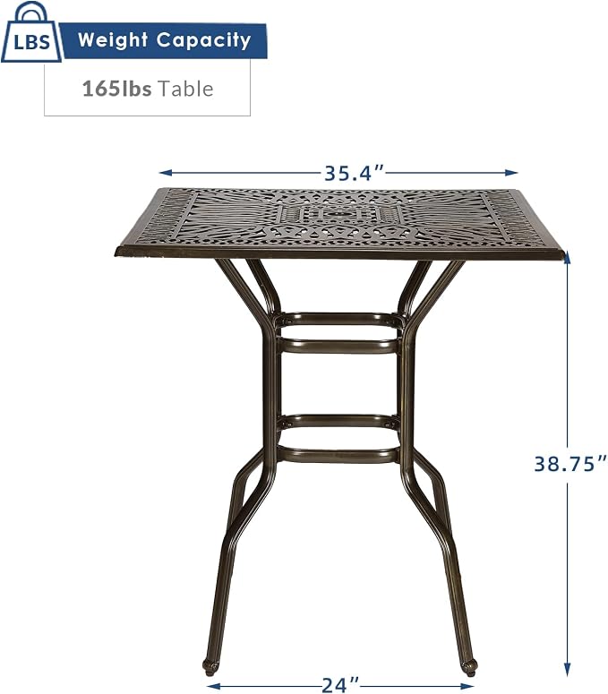 Outdoor Cast Aluminum Bar Table, 35.4" Patio Bar Height Table with 2.2" Umbrella Hole, All Weather High Top Bistro Square Dining Table for Outside Deck Porch Balcony Poolside, Dark Bronze