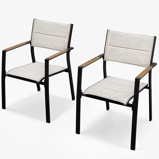 Patio Stacking Dining Chairs, Never-Rust Aluminum Stackable Patio Chairs Set of 2, Upgraded 3D Double-Layer Textilene Outdoor Dining Chairs, Patio Dining Chairs for Deck, Garden, Balcony, Teak