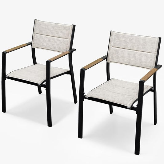 Patio Stacking Dining Chairs, Never-Rust Aluminum Stackable Patio Chairs Set of 2, Upgraded 3D Double-Layer Textilene Outdoor Dining Chairs, Patio Dining Chairs for Deck, Garden, Balcony, Teak